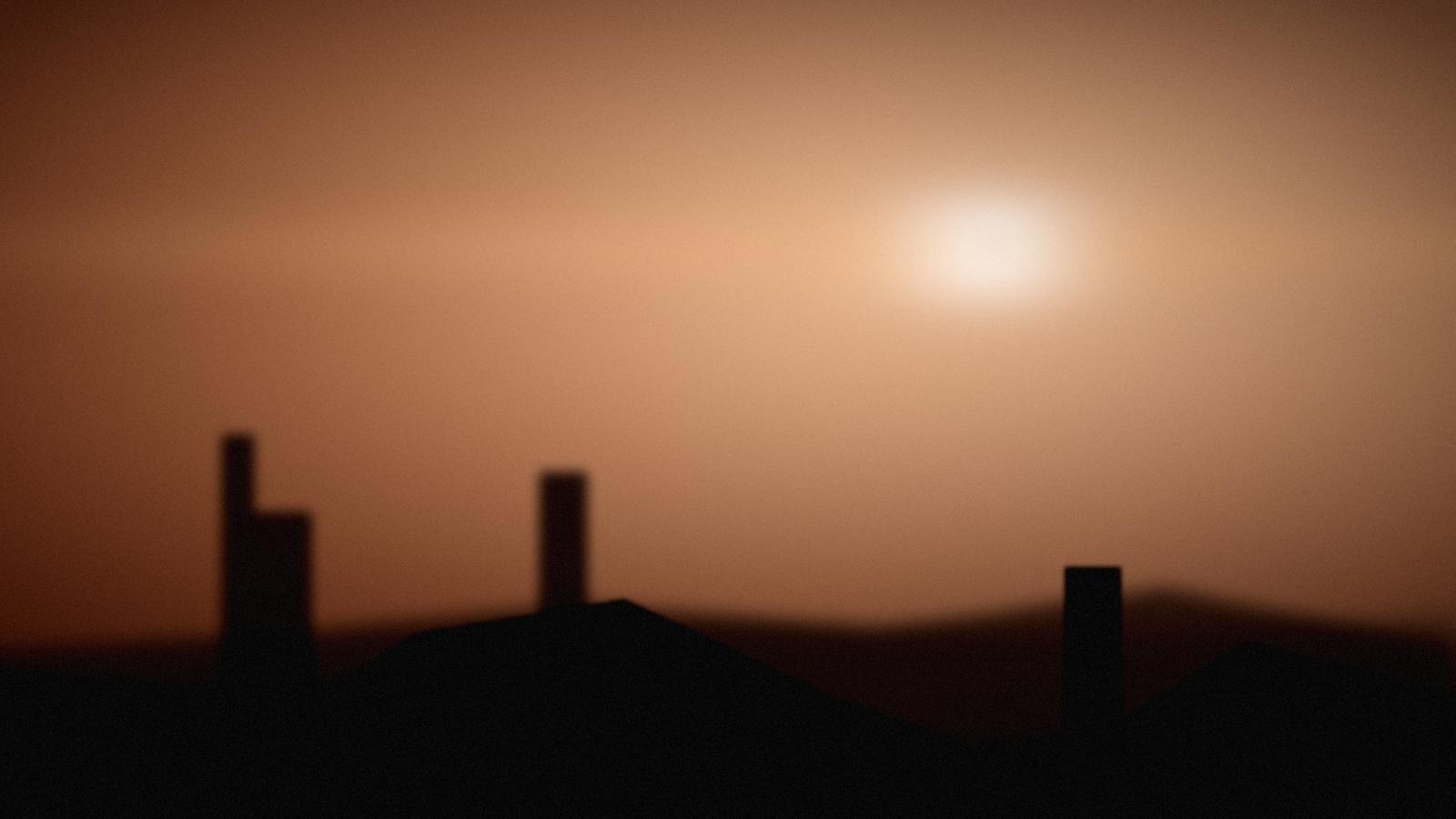 Hard evening sun over terracotta rooftops.