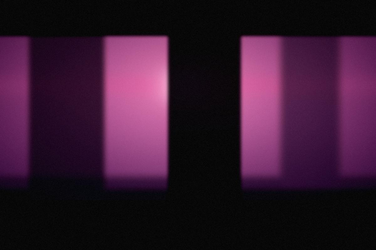 Silhouettes against a saturated pink wall.
